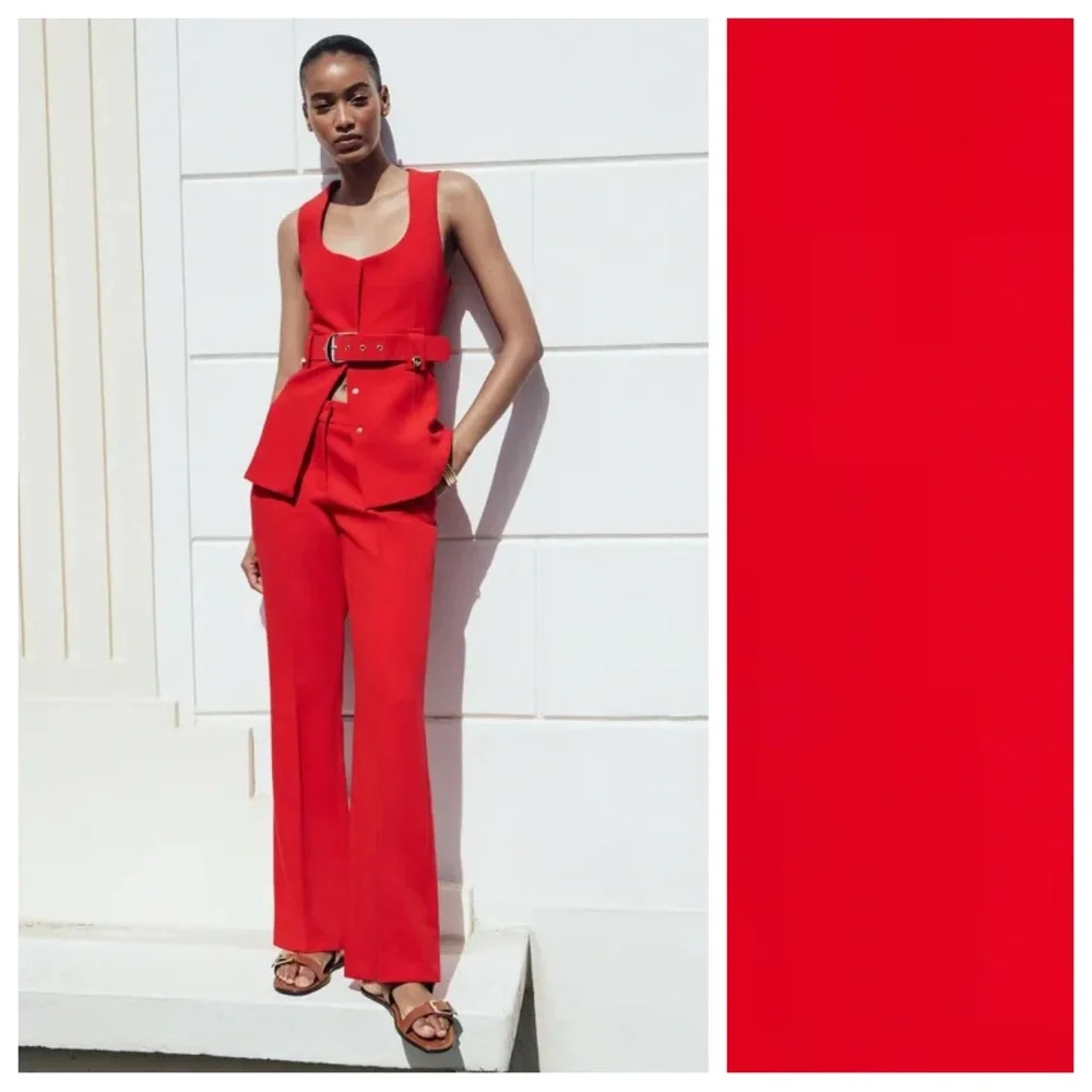 NWT. Zara Red Viscose Blend Long Vest with Belt. Size S.